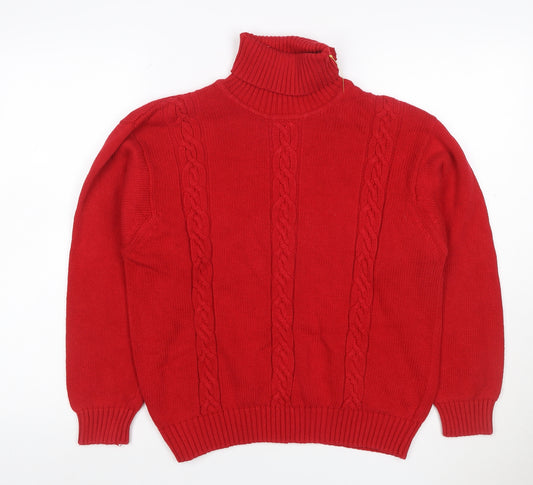 Talbots Women Red Petite L Cable Knit Roll Neck Cotton Jumper