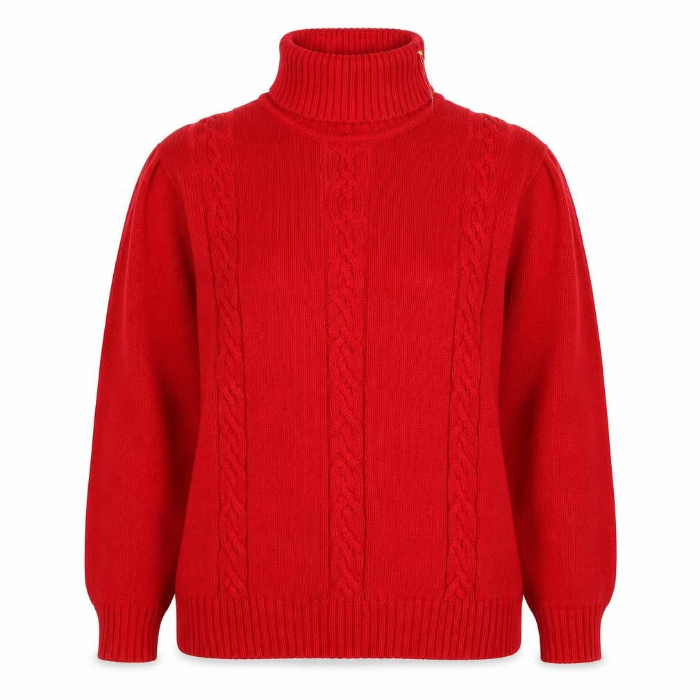 Talbots Women Red Petite L Cable Knit Roll Neck Cotton Jumper