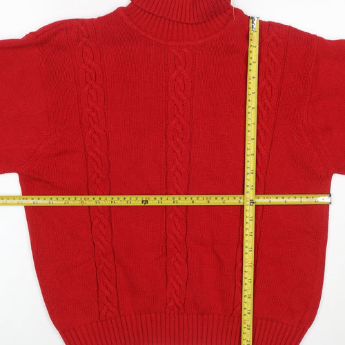 Talbots Women Red Petite L Cable Knit Roll Neck Cotton Jumper