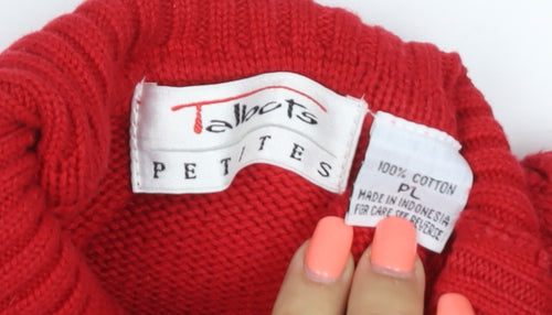 Talbots Women Red Petite L Cable Knit Roll Neck Cotton Jumper