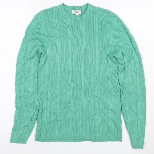 Marks and Spencer Women Green Size 14 Rib Knit Long Sleeve Basic Top
