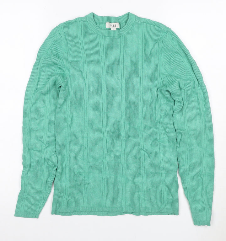 Marks and Spencer Women Green Size 14 Rib Knit Long Sleeve Basic Top