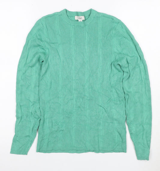 Marks and Spencer Women Green Size 14 Rib Knit Long Sleeve Basic Top