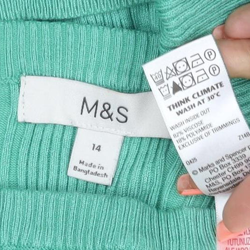 Marks and Spencer Women Green Size 14 Rib Knit Long Sleeve Basic Top