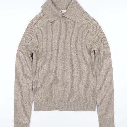 Marks & Spencer Women Beige S Rib Knit Collared Pullover Jumper