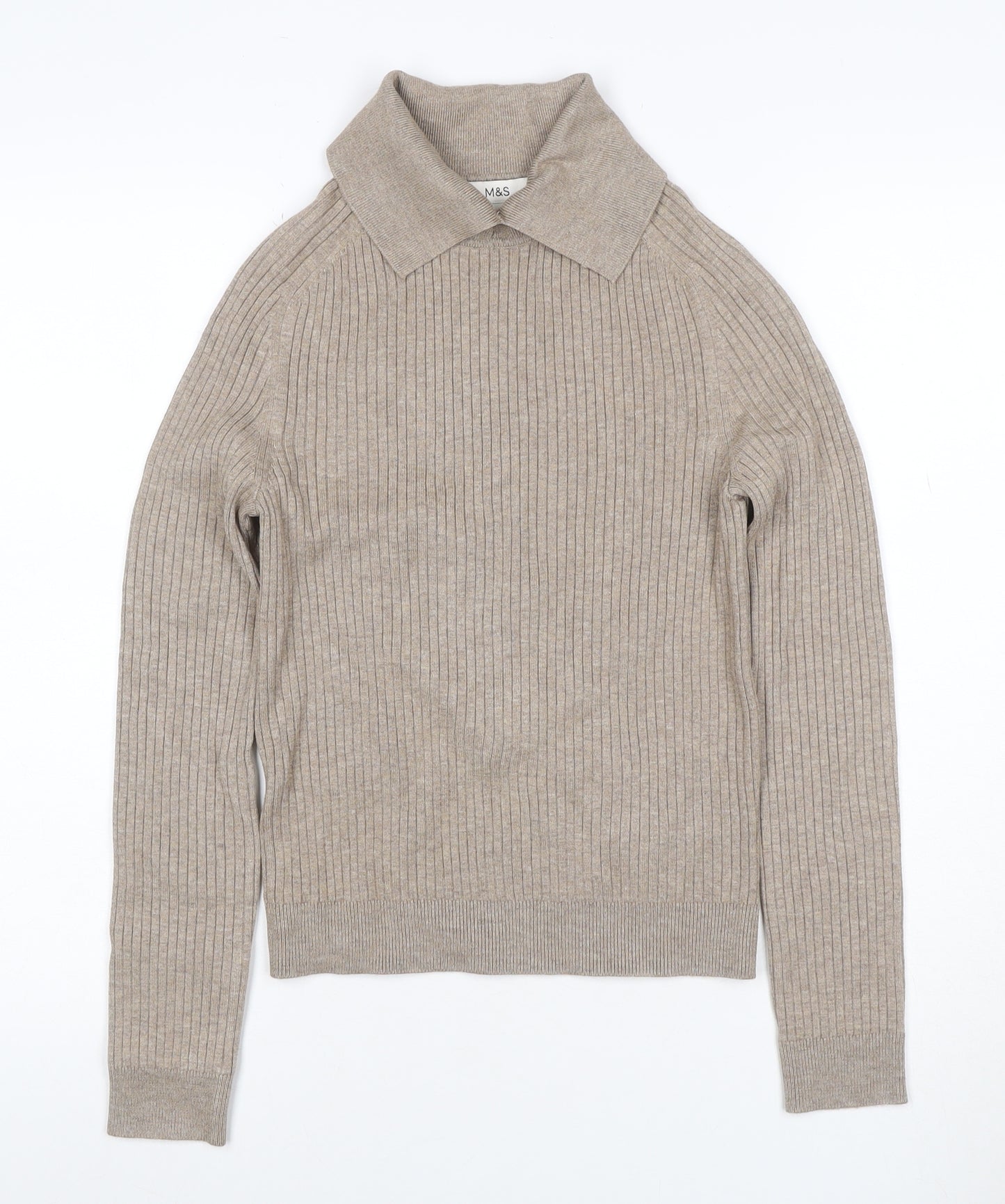 Marks & Spencer Women Beige S Rib Knit Collared Pullover Jumper