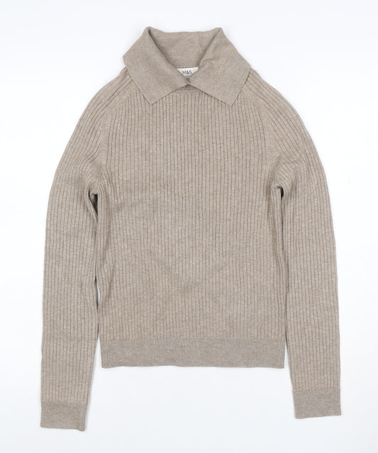 Marks & Spencer Women Beige S Rib Knit Collared Pullover Jumper