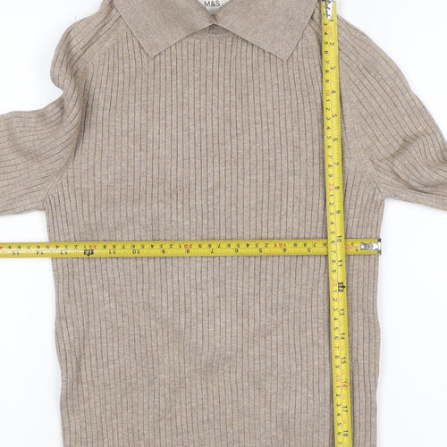 Marks & Spencer Women Beige S Rib Knit Collared Pullover Jumper