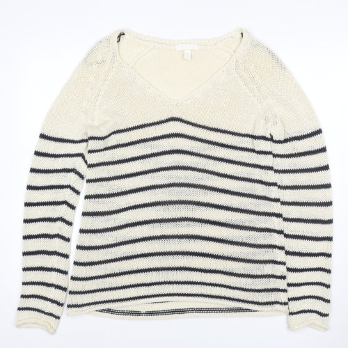 H&M Women’s M Ivory Black Stripe V-Neck Cotton Knit Pullover Jumper