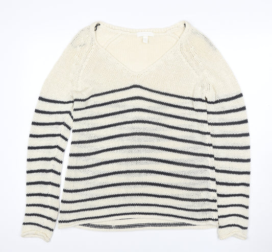 H&M Women’s M Ivory Black Stripe V-Neck Cotton Knit Pullover Jumper