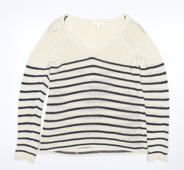 H&M Women’s M Ivory Black Stripe V-Neck Cotton Knit Pullover Jumper