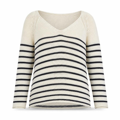 H&M Women’s M Ivory Black Stripe V-Neck Cotton Knit Pullover Jumper