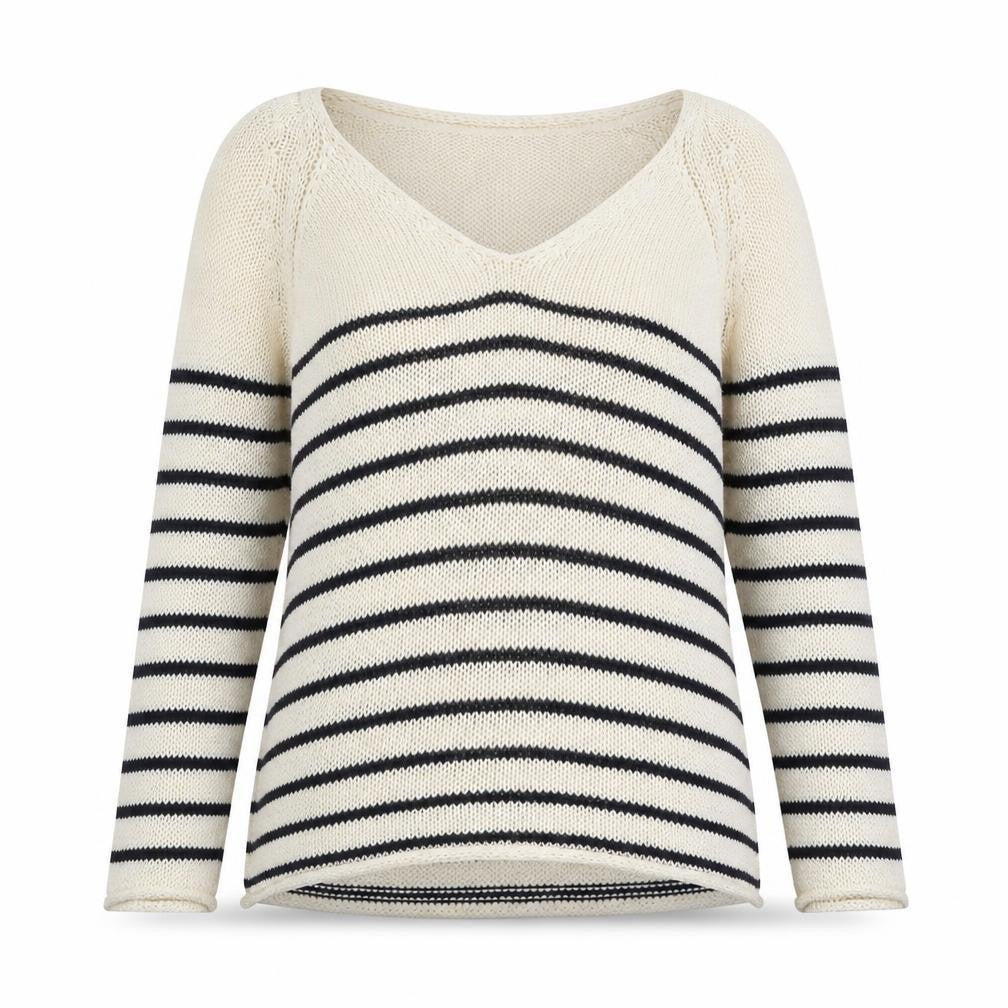H&M Women’s M Ivory Black Stripe V-Neck Cotton Knit Pullover Jumper
