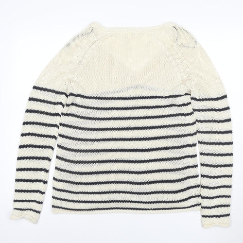 H&M Women’s M Ivory Black Stripe V-Neck Cotton Knit Pullover Jumper