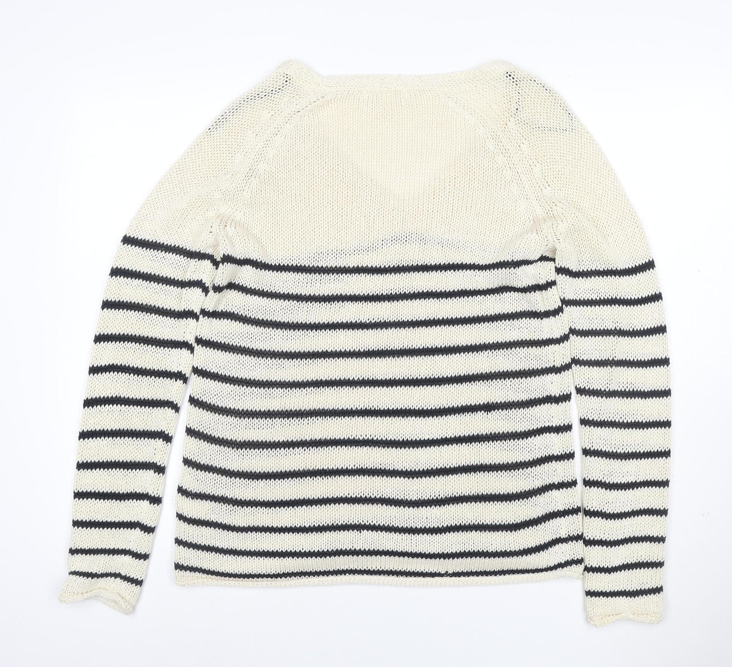 H&M Women’s M Ivory Black Stripe V-Neck Cotton Knit Pullover Jumper