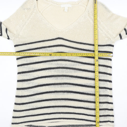 H&M Women’s M Ivory Black Stripe V-Neck Cotton Knit Pullover Jumper