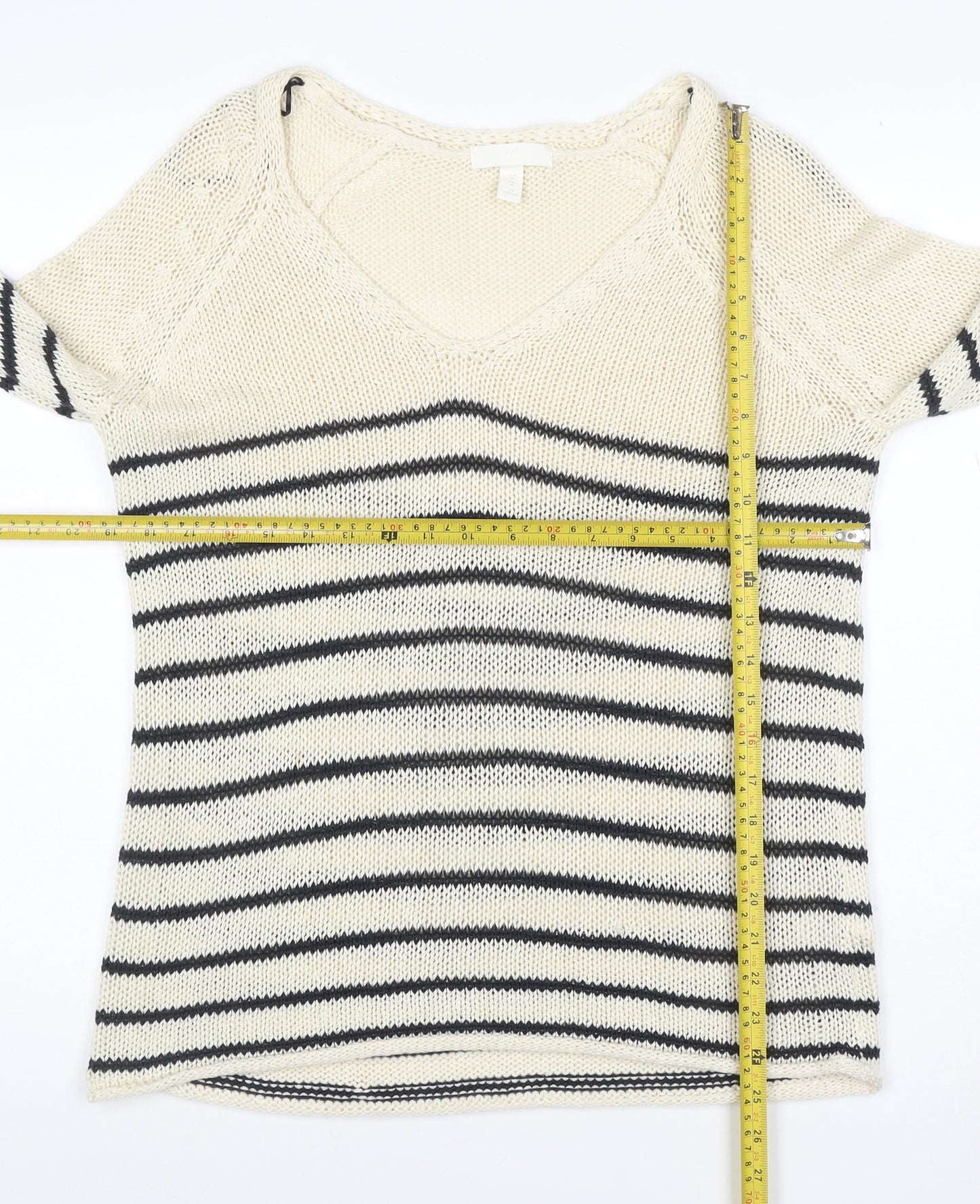 H&M Women’s M Ivory Black Stripe V-Neck Cotton Knit Pullover Jumper