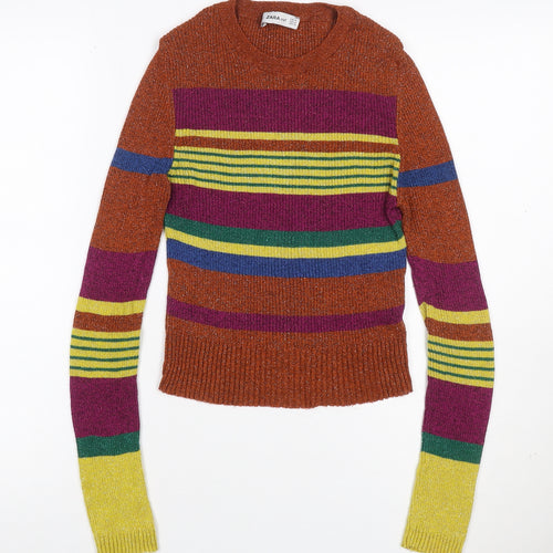 Zara Women Multicoloured M Cropped Rib Knit Striped Long Sleeve Top
