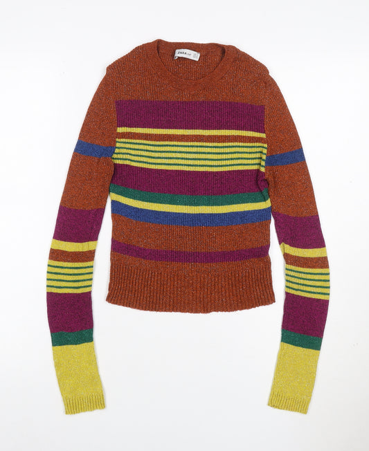 Zara Women Multicoloured M Cropped Rib Knit Striped Long Sleeve Top