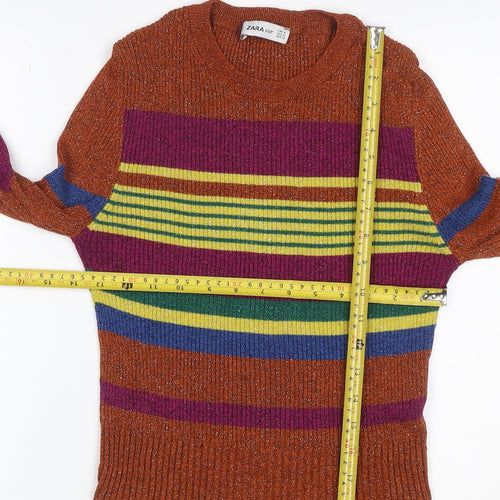 Zara Women Multicoloured M Cropped Rib Knit Striped Long Sleeve Top