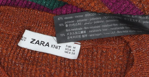 Zara Women Multicoloured M Cropped Rib Knit Striped Long Sleeve Top