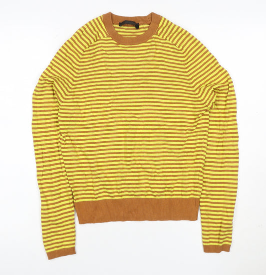 RUZ Women Yellow Brown Striped Knit Slim Long Sleeve Crew Top S
