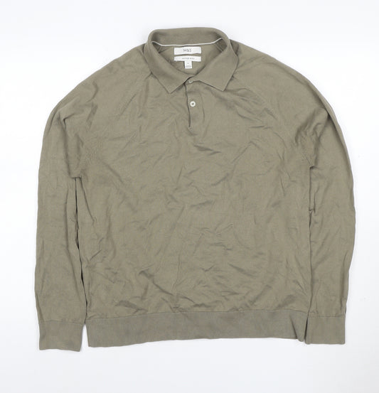 Marks and Spencer Mens Beige M Long Sleeve Cotton Rich Knit Polo