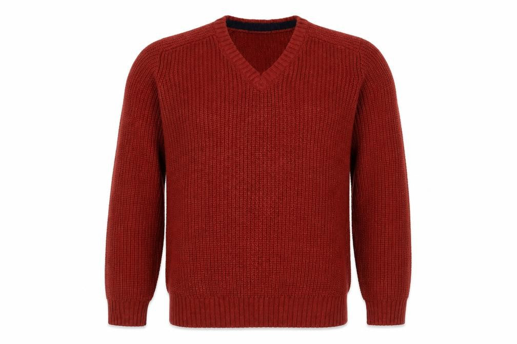 Front view of P.G. Field Men’s Red L V-Neck Cable Knit Acrylic jumper