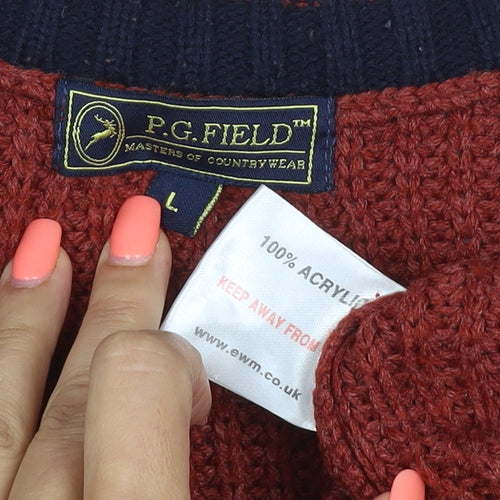 P.G. Field Men’s Red L V-Neck Cable Knit Acrylic Pullover Jumper
