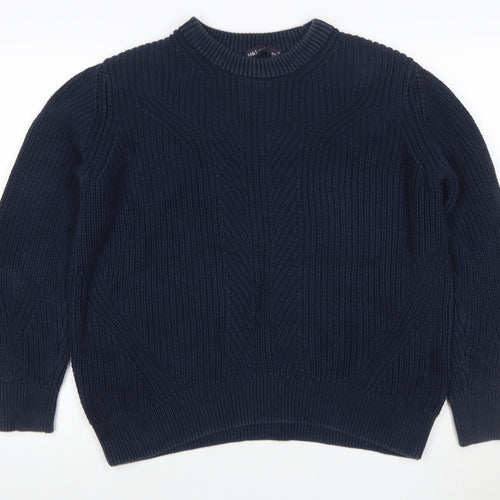 Marks and Spencer Women Blue M Cable Knit Cotton Crew Neck Jumper