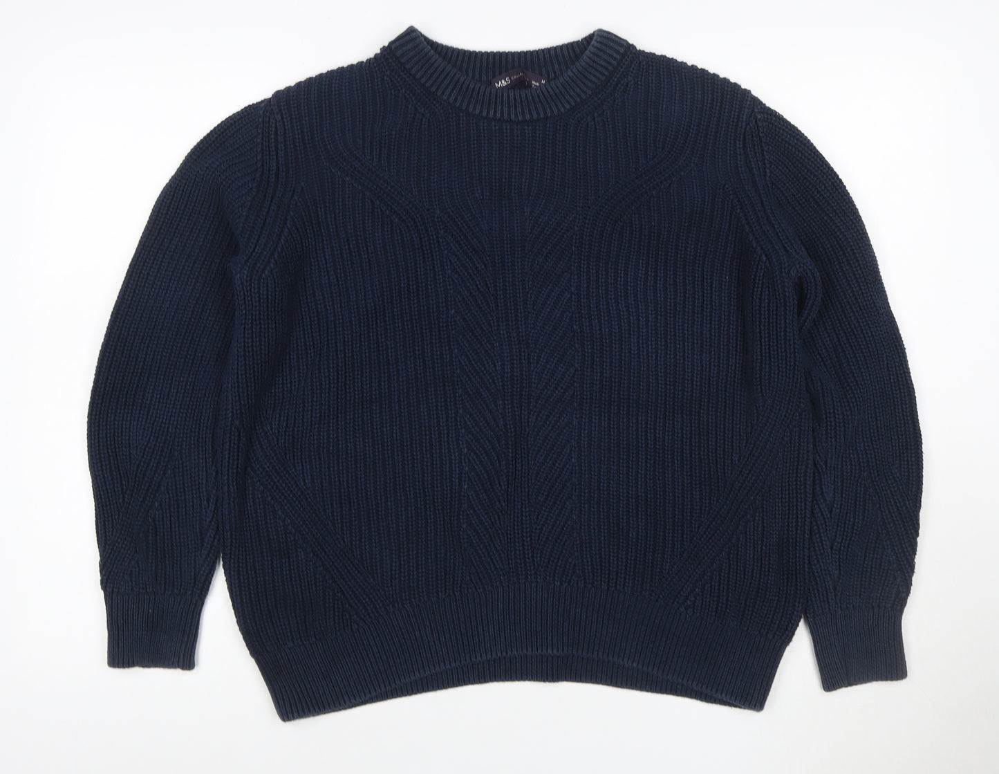 Marks and Spencer Women Blue M Cable Knit Cotton Crew Neck Jumper