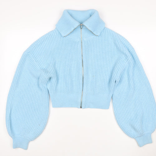 Zara Women Blue M Full Zip Roll Neck Chunky Knit Balloon Sleeve Jumper