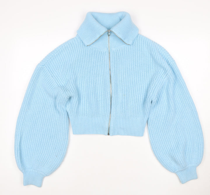Zara Women Blue M Full Zip Roll Neck Chunky Knit Balloon Sleeve Jumper
