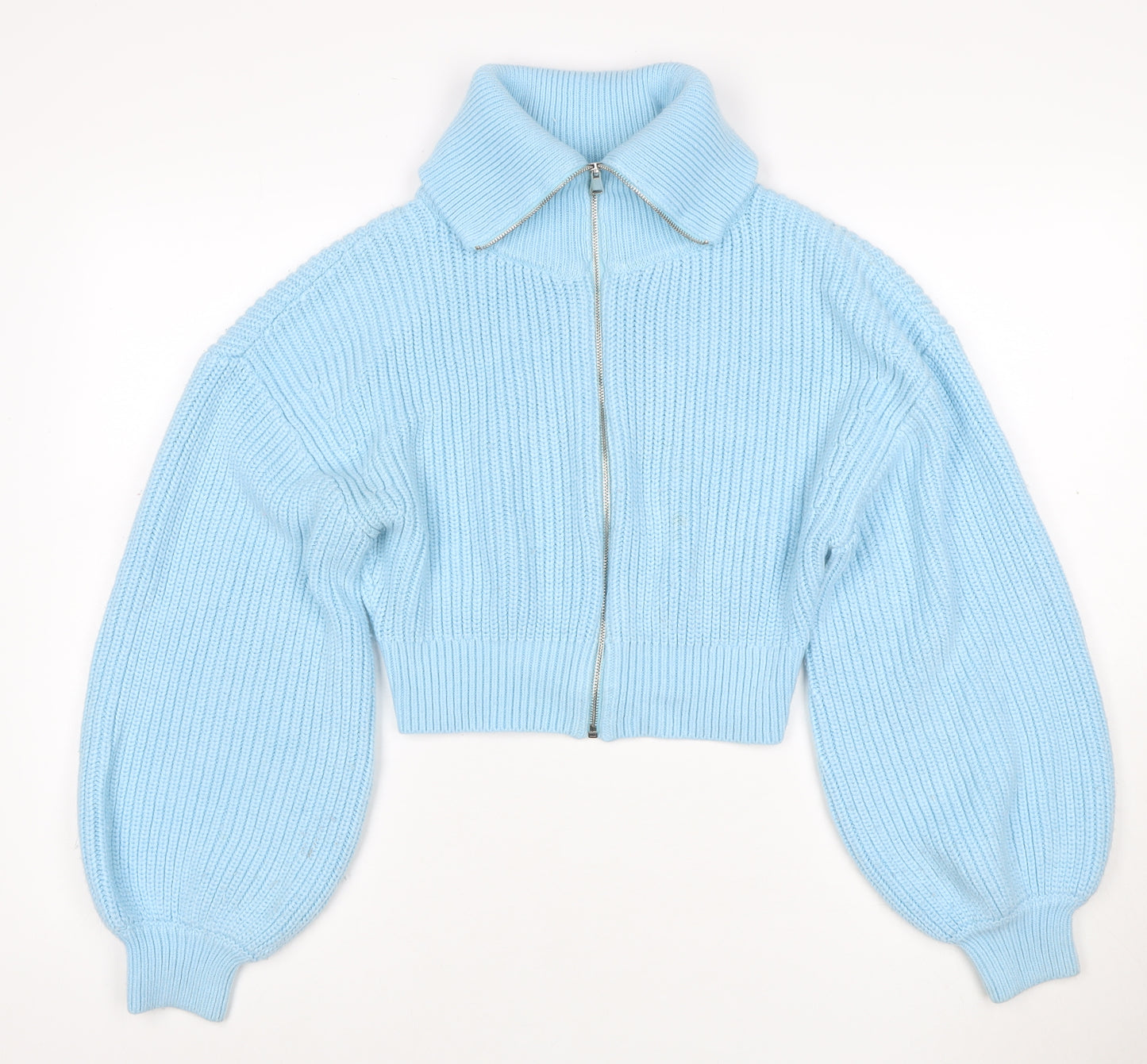 Zara Women Blue M Full Zip Roll Neck Chunky Knit Balloon Sleeve Jumper