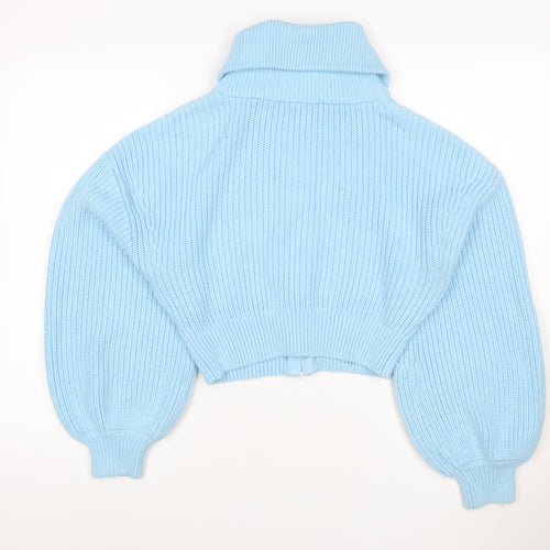 Zara Women Blue M Full Zip Roll Neck Chunky Knit Balloon Sleeve Jumper