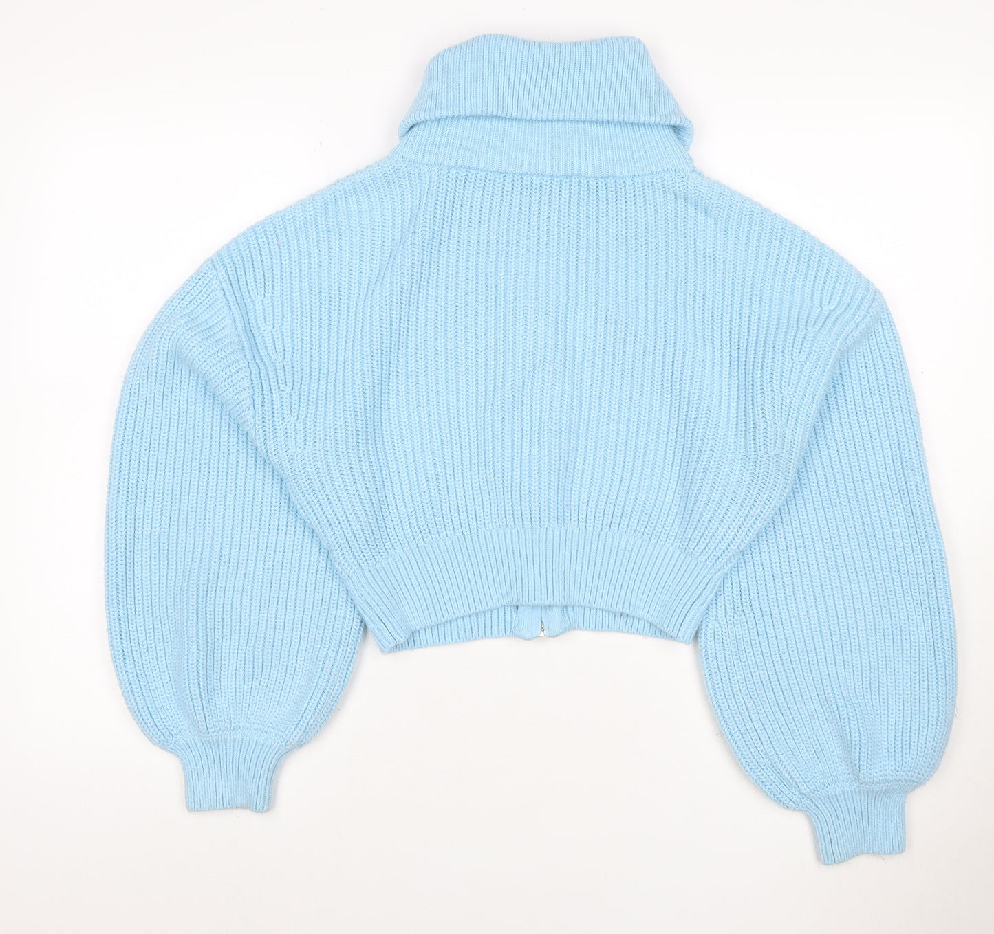Zara Women Blue M Full Zip Roll Neck Chunky Knit Balloon Sleeve Jumper