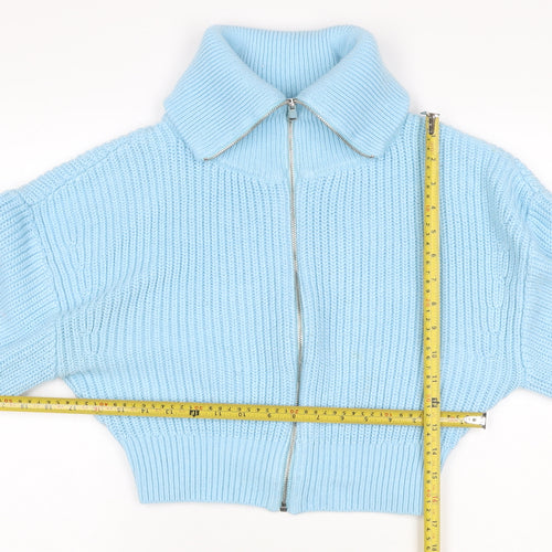 Zara Women Blue M Full Zip Roll Neck Chunky Knit Balloon Sleeve Jumper