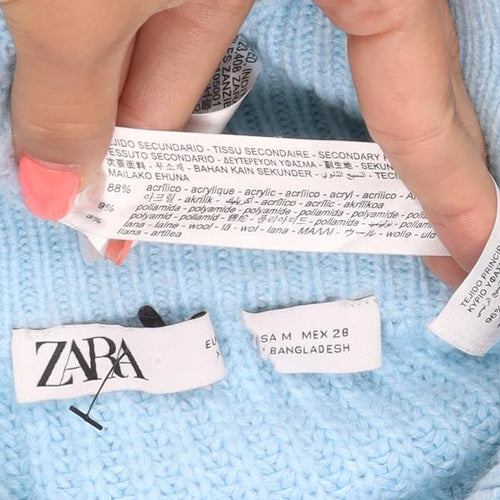 Zara Women Blue M Full Zip Roll Neck Chunky Knit Balloon Sleeve Jumper