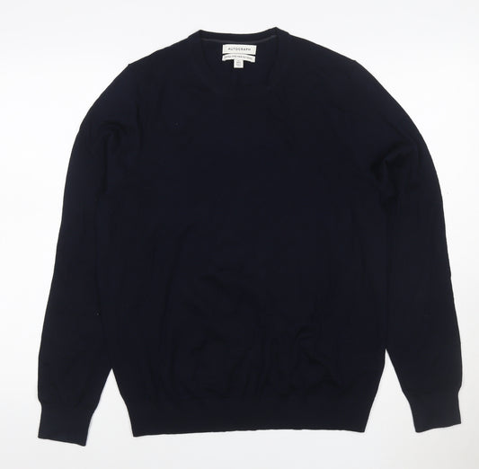 Marks and Spencer Autograph Men Blue Merino Wool Crew Neck Jumper M