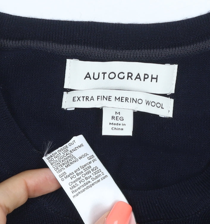 Marks and Spencer Autograph Men Blue Merino Wool Crew Neck Jumper M