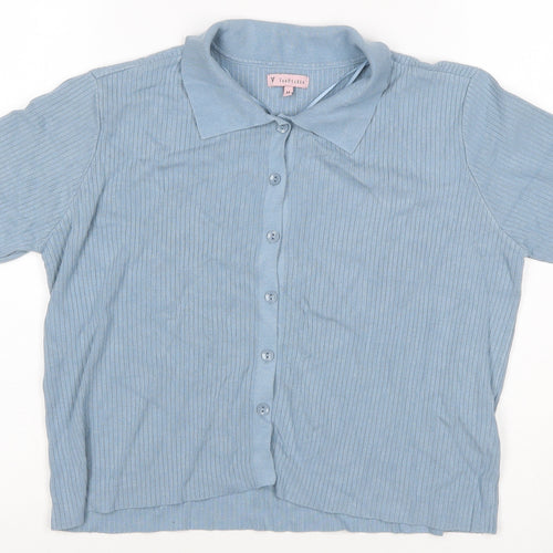Van Heusen Women Blue M Ribbed Knit Collared Short Sleeve Button-Up Top