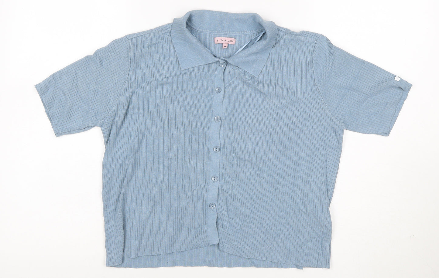 Van Heusen Women Blue M Ribbed Knit Collared Short Sleeve Button-Up Top