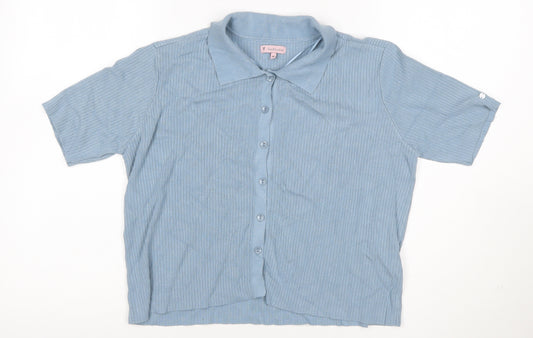 Van Heusen Women Blue M Ribbed Knit Collared Short Sleeve Button-Up Top