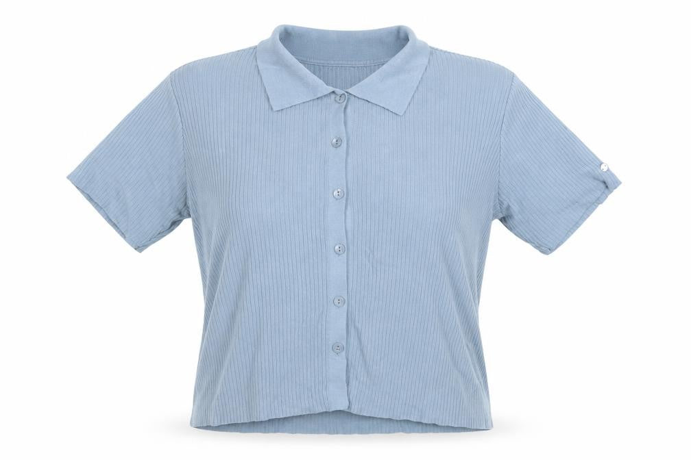 Front view of Van Heusen Women Blue M Ribbed Knit Collared Short Sleeve Button-Up Top