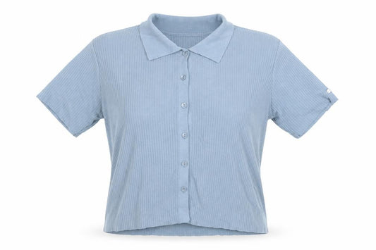 Front view of Van Heusen Women Blue M Ribbed Knit Collared Short Sleeve Button-Up Top