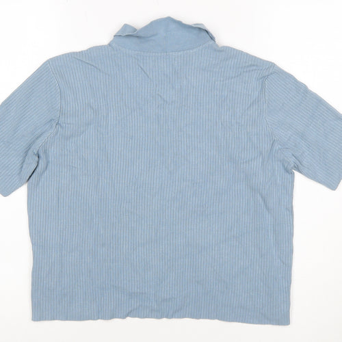 Van Heusen Women Blue M Ribbed Knit Collared Short Sleeve Button-Up Top
