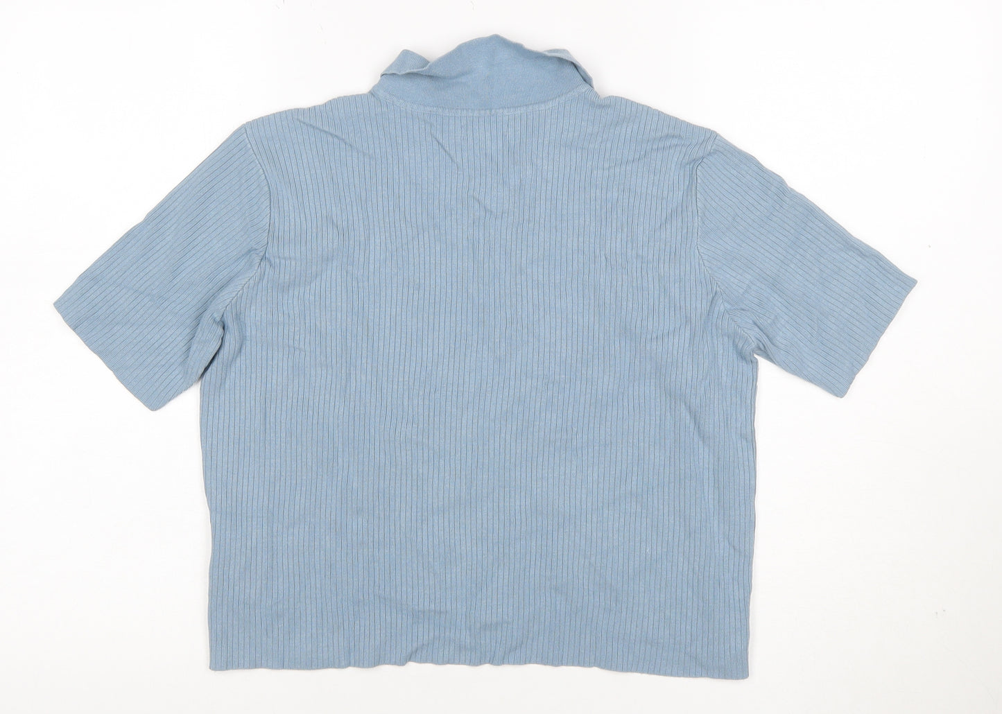 Van Heusen Women Blue M Ribbed Knit Collared Short Sleeve Button-Up Top