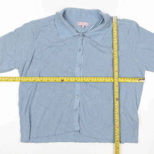 Van Heusen Women Blue M Ribbed Knit Collared Short Sleeve Button-Up Top