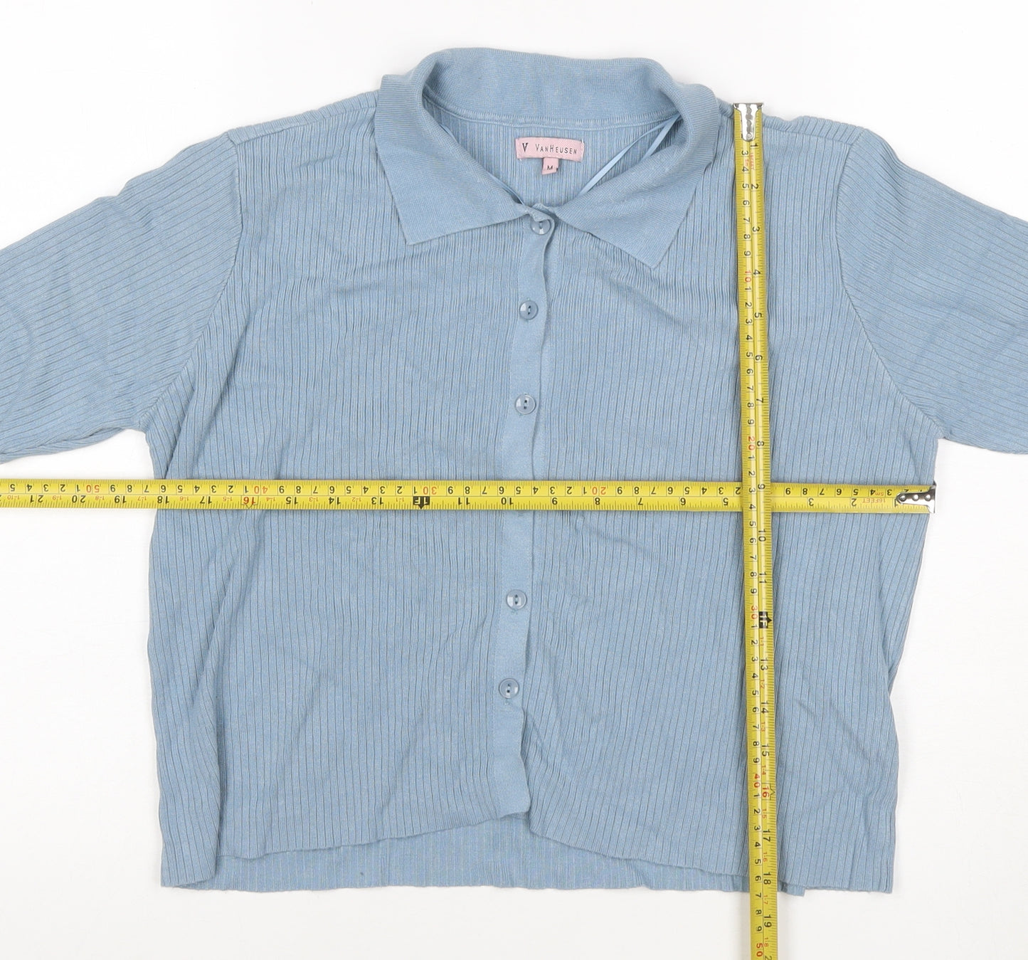 Van Heusen Women Blue M Ribbed Knit Collared Short Sleeve Button-Up Top