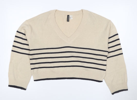 H&M Divided Women Beige Black Stripe V-Neck Knit Jumper UK 12